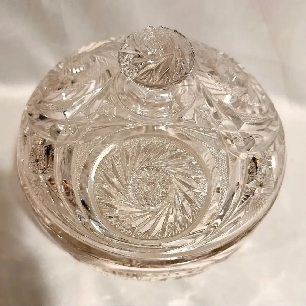 Vintage Pressed Glass Lidded Bowl Pinwheel Star Design